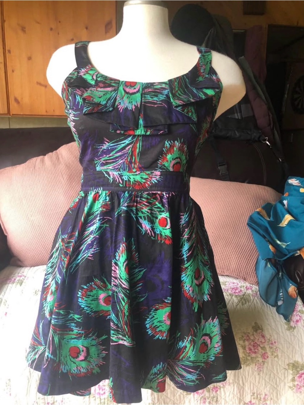 Forever 21 Y2K Ruffled Peacock Print Cocktail Party Dress Skater, Fit & Flare